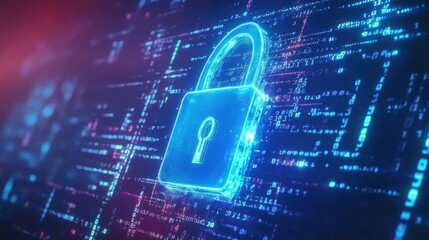 digital security design with a glowing blue padlock and binary code representing cyber protection