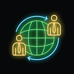 Poster - Neon style icon of a green globe with two businessmen connecting around it, symbolizing international business collaboration and partnership