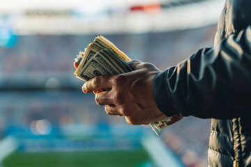 hand holding a fan of dollar bills in front of a blurred sports stadium, concept of sports betting o