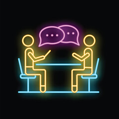 Poster - neon sign representing two business people discussing business while sitting at a desk, could be use