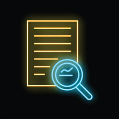 Poster - Glowing neon icon of magnifying glass analyzing a document for statistical data, representing market research and analysis