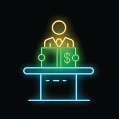 Poster - Neon businessman standing behind a podium with charts and graphs, presenting financial results