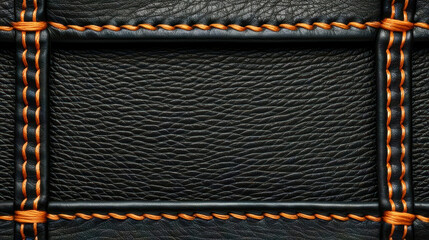 Poster - A black leather background with orange stitching