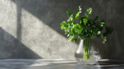 Wall Mural - Fresh cilantro leaves in a vase with water on a gray background