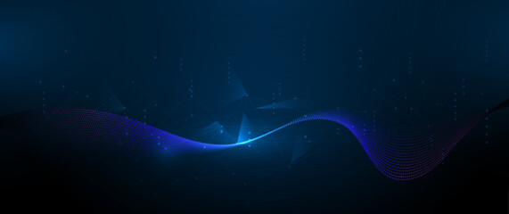 Vector abstract technology, molecule, geometric shape, Flowing dot particle wave flow line, pattern wave and dot, wireframe on dark blue background. technology network science communication concept