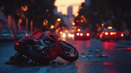 Poster - Red motorcycle accident with broken parts on city street at dusk 8k image