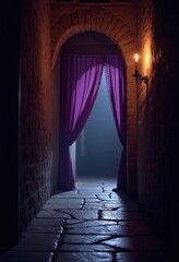 Aufkleber - A dimly lit stone hallway with purple curtains and a lit candelabra