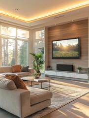 Aufkleber - This modern living room features customizable smart lighting, touch panels, and a cozy atmosphere perfect for relaxation. Generative AI