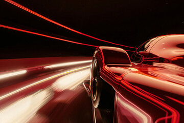 Poster - A shiny red sports car is depicted in a dynamic pose, surrounded by bright red and white light streaks, emphasizing speed and motion in a nighttime setting for the automotive industry.