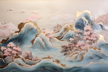 Poster - An intricate illustration features stylized mountains with waves and cherry blossom trees, showcasing soft pastel colors and gold accents in a serene landscape for the art industry.