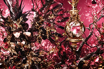 Poster - A visually striking portrait features a woman adorned in elaborate dark attire with gold elements, set against a vibrant pink background, showcasing artistic expression and fashion 