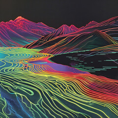 Poster - A colorful digital illustration depicts a winding river and mountains, created with glowing lines in neon colors against a dark background, showcasing a vibrant and modern landscape 