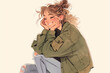 © Yuki - A cheerful illustration portrays a young woman smiling while sitting comfortably, wearing an oversized jacket, capturing a casual and happy mood for the entertainment industry.