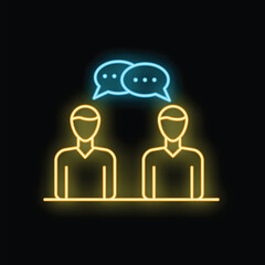 Poster - Neon sign representing two businessmen discussing and sharing speech bubbles on a black background