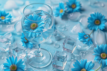 Poster - A refreshing image features a glass filled with water and blue flowers, surrounded by ice cubes and additional blossoms, creating a vibrant and cool composition for the beverage industry.