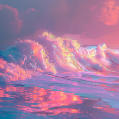 Poster - An artistic depiction of ocean waves captures the essence of a colorful sunset reflecting off the water, showcasing vibrant pinks and blues for the nature industry.