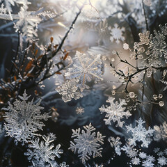 Poster - A close-up photograph showcases intricate snowflakes clinging to branches, illuminated by soft light, capturing the beauty and uniqueness of winter for the nature industry.