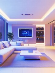 Aufkleber - This contemporary living room showcases ambient lighting options and touch panels for a tailored, relaxing environment. Generative AI