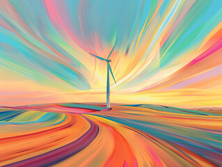 Poster - An artistic interpretation showcases a wind turbine against a colorful, swirling sky, blending elements of nature and creativity for the art industry.