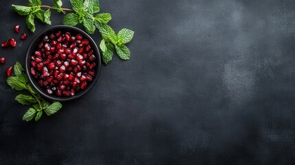 Wall Mural - Pomegranate seeds with fresh mint leaves on a dark background top view