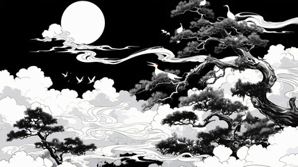 Poster - A traditional ink wash illustration features a serene landscape with a full moon, cranes, and stylized clouds, creating a tranquil scene for the art industry.