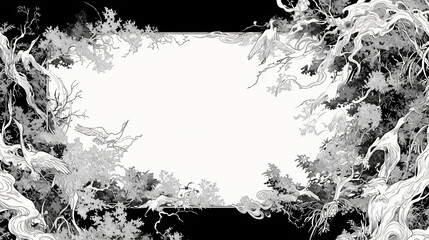 Poster - An elegant monochrome design showcases intricate foliage and branches surrounding a blank space, suitable for creative projects in the art industry.