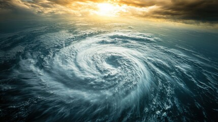 Poster - A massive hurricane is forming in the open ocean, showcasing swirling clouds and turbulent waves beneath a dramatic sky at sunset. Generative AI