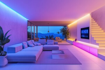 Aufkleber - A stylish living room showcases ambient smart lighting and touch panels, enhancing the relaxing vibe as evening sets in. Generative AI