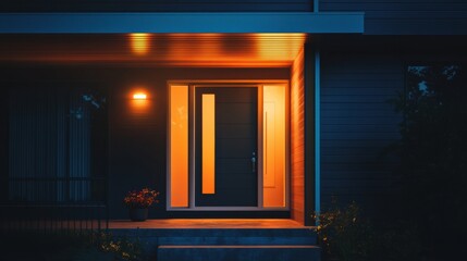 Poster - A contemporary home stands out at night, featuring glowing alarm system lights on windows and doors that ensure safety. Generative AI