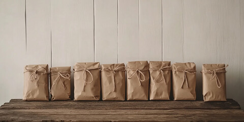 Wall Mural - christmas and zero waste, eco friendly packaging gifts in kraft paper,boxing day, eco christmas holi