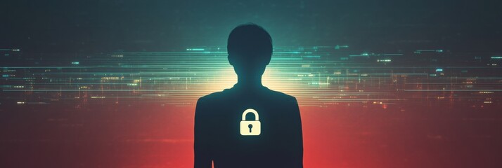Fototapete - A person stands silhouetted against a vibrant digital background, highlighting the concept of privacy protection in AI systems. Generative AI