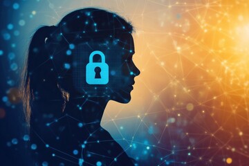 Fototapete - A silhouetted individual stands against a vibrant digital backdrop, featuring a lock symbol emphasizing the importance of privacy in technology. Generative AI