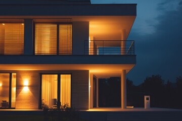 Aufkleber - This contemporary residence features illuminated windows and doors at night, showcasing a glowing alarm system for enhanced security. Generative AI