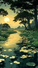 Wall Mural - a peaceful scene of a river winding through a lush forest at sunset, with water lilies dotting the s