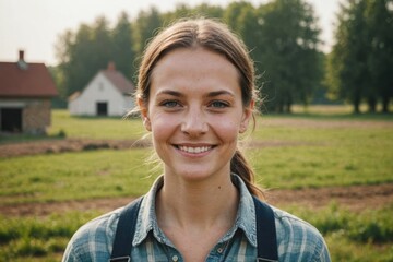 close portrait of a smiling young polish female farmer standing and looking at the camera, outdoors 