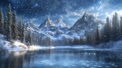 Poster - A beautiful snowy landscape with a river and mountains in the background
