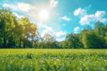 Wall Mural - spring nature background with trees lawn and blue sky.