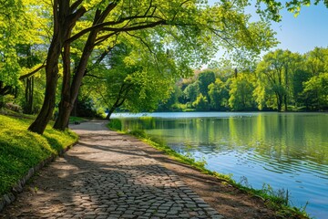 Wall Mural - vibrant summer park landscape with lake and trees.