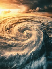 Poster - A massive hurricane develops over the vast ocean waters as the sun sets, revealing swirling clouds and intense weather patterns. Generative AI