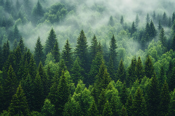 Canvas Print - Lush green forest shrouded in mist during early morning hours