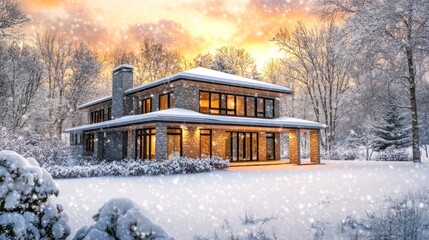 Poster - A large house with a chimney sits in a snowy landscape