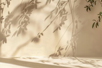 Wall Mural - Minimalistic beige background with gentle light and intricate shadows.