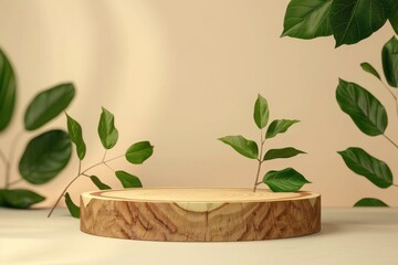 Poster - Modern product display with wood podium and green leaves.