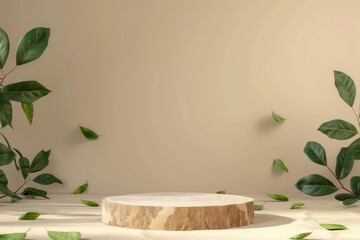 Poster - Modern product display with wood podium and green leaves.
