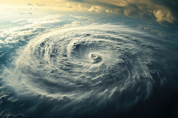 Poster - A powerful hurricane churns in the open ocean, showcasing its swirling clouds and well-defined center as daylight fades. Generative AI