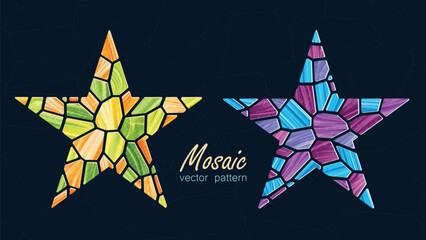 Poster - Bright abstract vector illustration. Multicolored textured mosaic Christmas stars. Geometric figure in mosaic style. Template for design projects, banners, stickers. New Year 2025. 