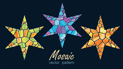 Poster - Bright abstract vector illustration. Multicolored textured mosaic Christmas six-pointed stars. Geometric figure in mosaic style. Template for design projects, banners, stickers. New Year 2025. 