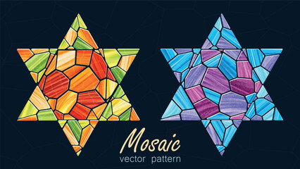 Poster - Bright abstract vector illustration. Multicolored textured mosaic Christmas six-pointed stars. Geometric figure in mosaic style. Template for design projects, banners, stickers. New Year 2025.