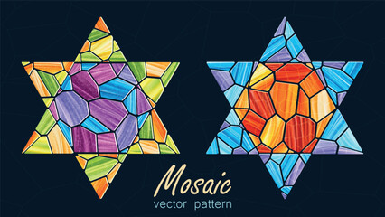 Poster - Bright abstract vector illustration. Multicolored textured mosaic Christmas six-pointed stars. Geometric figure in mosaic style. Template for design projects, banners, stickers. New Year 2025.