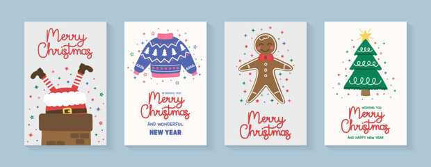 Wall Mural - colourful christmas poster collection. cute hand drawn greeting cards decorated with santa claus, tr